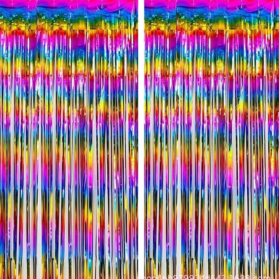 10pcs Rainbow Foil Fringe Curtain, Rainbow Party Decoration, 3.3x6.6ft Metallic Tinsel Backdrop, Holiday Photo Props Background, Suitable For Birthday, Wedding, Engagement, Bridal Shower, Unicorn Theme, Back To School, Valentine's Day And More Occasions - Multicolor - View 1