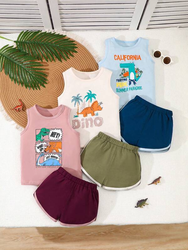 Set de 6 piezas: Camiseta de tirantes casual y cómoda con estampado de dinosaurios + Shorts para niños pequeños, para el verano