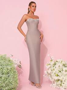 Modphy New Women's Rhinestone Strapless Slit Thigh Tube Bodycon Wedding Bridesmaid Dress, Holiday Party Bandage Dress - Aprikot - View 5