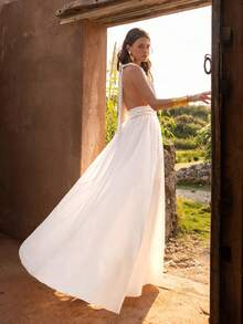 Faeriesty BohoBloom Elegant Deep V-Neck Backless Tie Strap Summer Dress - Refined Beach Vacation, Casual Summer And Bohemian Outings - White - View 7