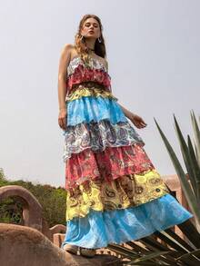 Faeriesty BohoBloom Strapless Multi-Layer Printed Summer Dress - Elegant Spring/Summer Style, Suitable For Beach Weddings | Garden Parties | Brunch | Music Festivals | Tropical Vacations (Belt Not Included) - Multicolor - View 3