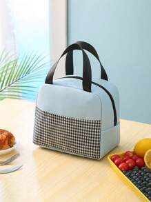 1pc Student Large Capacity Handheld Lunch Bag - Office Worker With Rice Insulation Bag - Portable PU Thousand Bird Grid Design, Thick Aluminum Foil, Easy To Carry, Keep Food Hot And Cold, Suitable For Outdoor Travel, Male And Female Styles, Non Contact With Food, Insulated Lunch Bag, Essential For Returning To School