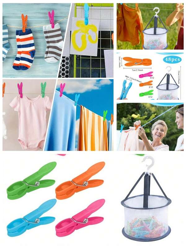 Set de 48 piezas de pinzas de ropa de plástico a prueba de viento con cesta colgante y bolsa de almacenamiento, sin impresión, con diseño simple a prueba de viento y antideslizante, adecuado para secar calcetines, toallas, ropa interior y otros artículos pequeños, artefacto de secado para el balcón de la casa