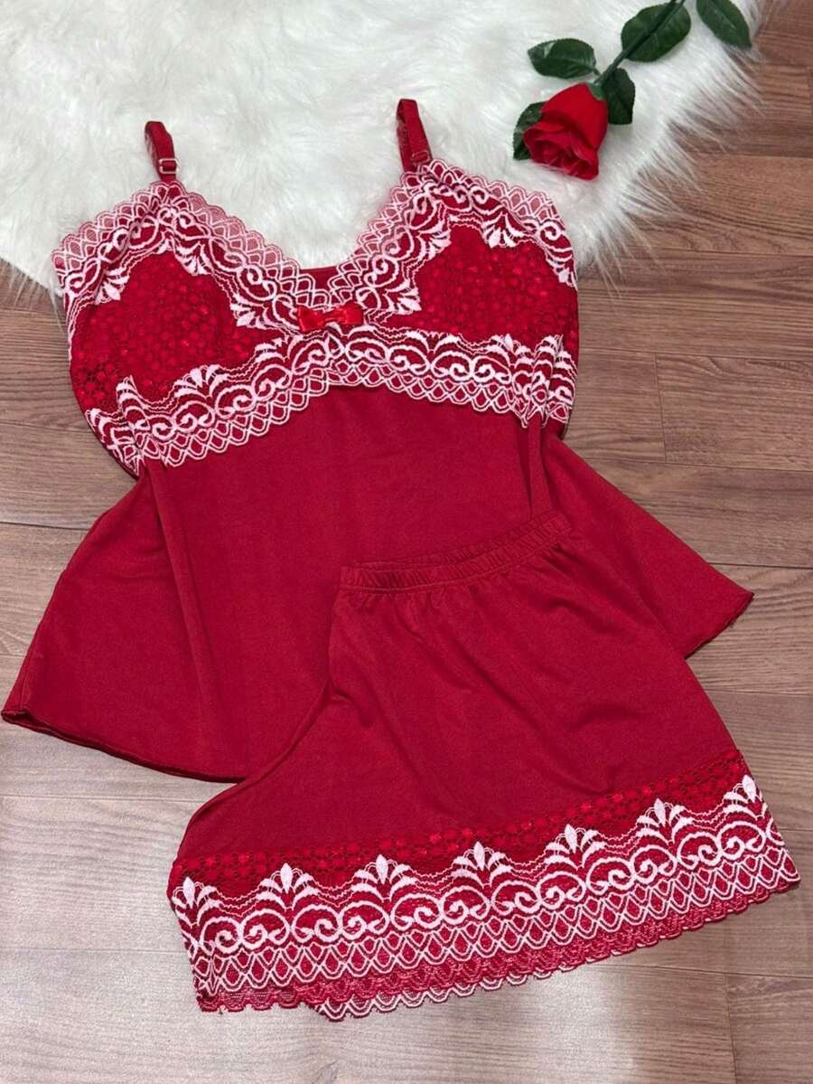 Short Doll Women's Pajama Set/ Two-Tone Lace - Watermelon Pink - View 1