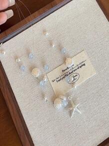 1pc Starfish & Shell Pearl Necklace, Layered Collarbone Chain Delicate Beach Style Accessories For Women