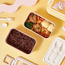 Tupperware Doble Capa Creativa con Cubiertos, Estilo Cartoon, Rectangular, Fácil de Llevar, para Almuerzo, Gran Capacidad - Morado - Ver 6