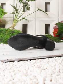 Sandali con tacco alto da donna, stile romano con tacco spesso, punta aperta e cinturino alla caviglia, bohémien - nero - Visualizzare 6