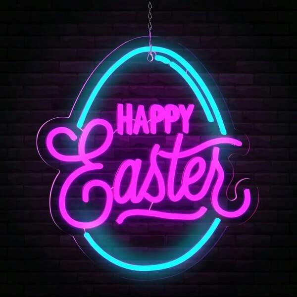 USB-Powered Happy Easter Neon Sign - Colorful LED Wall Art With Pink & Blue Design, Festive Egg Shape For Home, Bedroom, Party Decorations & Gifts, Neon Signs For Wall Decor