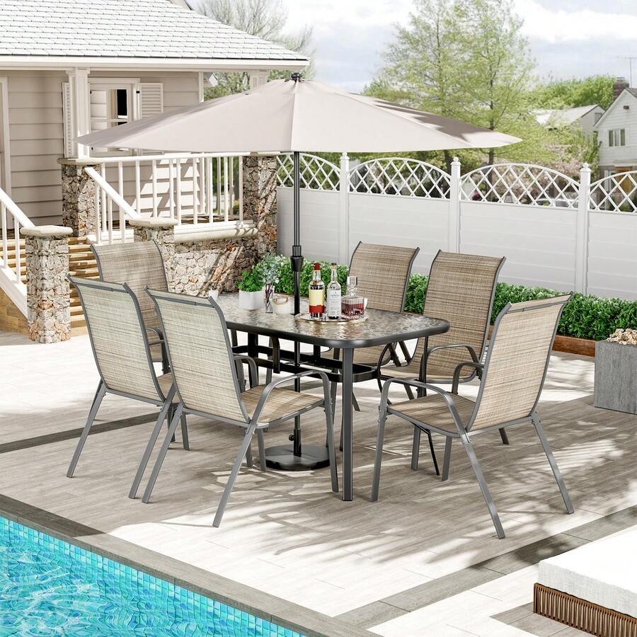 MAMIZO 7 Piece Outdoor Patio Dining Set, Rectangular Tempered Glass Table With Umbrella Hole, 6 Person Patio Table And Chairs Furniture For Backyard - Brown - View 1