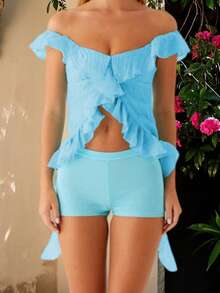 Tops de mujer con hombros descubiertos, volantes, color liso, espalda descubierta, ombligo al descubierto, estilo urbano de verano. - Azul - Ver 5
