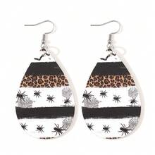 1 对哥特式蜘蛛网和豹纹泪珠吊坠耳环，万圣节 PU 双面派对耳环，万圣节耳环礼物