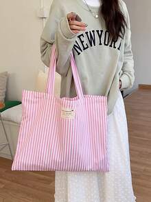Retro Striped Canvas Tote Bag, Bright Red And White Stripes, Versatile, Washable - No Buckle - Multicolor - View 4