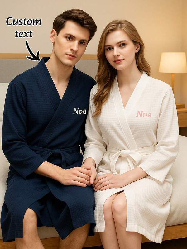 1pc Personalized Embroidered Name Sauna Bath Robe, Floor-Length Long-Sleeved Belt-Wrapped High-End Hotel Pajamas, Must-Have For Travel, Anniversary Gift