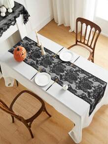 200/180cm Black Lace Skull Print Table Runner, Spider Web Table Runner, 30*45cm Skull Shaped Polyester Square Tablecloth For Decor, Horror Theme Bar Decoration, Home Decor, Wedding Party Decoration, Theme Party Table Decor
