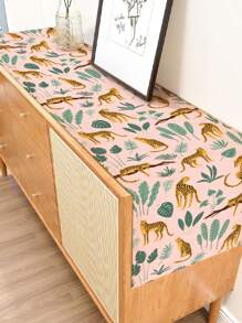 1pc Green Plant & Leopard Printed Table Runner, Suitable For Festivals, Parties, Birthdays, Dinners, Kitchen, Dining Room, Room Decor, Home Textile Decoration, All Seasons