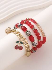 Conjunto de 4 pulseiras com pingente de coração de cereja e contas de vidro geométricas Boho, corrente CCB, adequadas para mulheres, uso diário, casual, boate, viagem