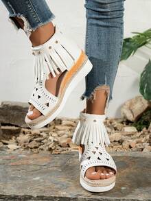 新款女式休闲几何复古图案波西米亚白色流苏凉鞋，夏季度假露趾镂空罗马厚底高跟鞋 - 白色 - 查看 6