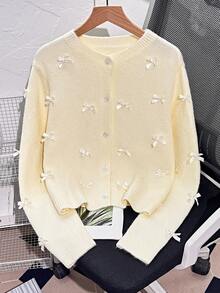 Feminine Bow-Tie Knitted Cardigan For Women, Soft And Fluffy, Autumn And Winter, Round Neck, Casual And Versatile - Yellow - View 2