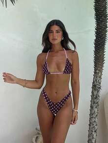 新款春夏性感休闲优雅女士紫色波点吊带比基尼沙滩度假约会泳衣套装 - 彩色 - 查看 2