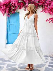 Vestido Largos Elegant Para Mujer,Vestido Tank Con Encaje Y Adornado Con Volantes,Vestido Unicolor Con Escote En V Profundo, Perfecto Para Vacaciones - Blanco - Ver 3