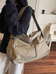 1 件米色 2025 夏季时尚大容量尼龙纯色旅行行李袋，带多个口袋、拉链、手柄、可调节肩带、鞋隔层、学校/大学/健身房/户外使用、可折叠手提包旅行必需品，适合假期旅行包行李箱旅行包女士