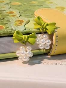 1 Pair Fashionable Faux Pearl Simple Green Bow Stud Earrings, Cute & Fresh For Sunny Summer - one-size - View 3