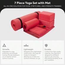 Local Delivery 7-Piece Yoga Equipment Set With Multiple Colors - Yoga Mat With Carrying Strap, 2 Yoga Blocks, Yoga Mat Towel, Yoga Hand Towel, Yoga Strap And Yoga Knee Pad - 紅色 - 查看 2