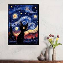 1 pieza Kit de pintura de diamantes, decoración de pared hecha a mano con pintura de diamantes, Gato negro cielo estrellado, regalos de Navidad y Halloween, decoraciones de habitación, decoraciones del hogar