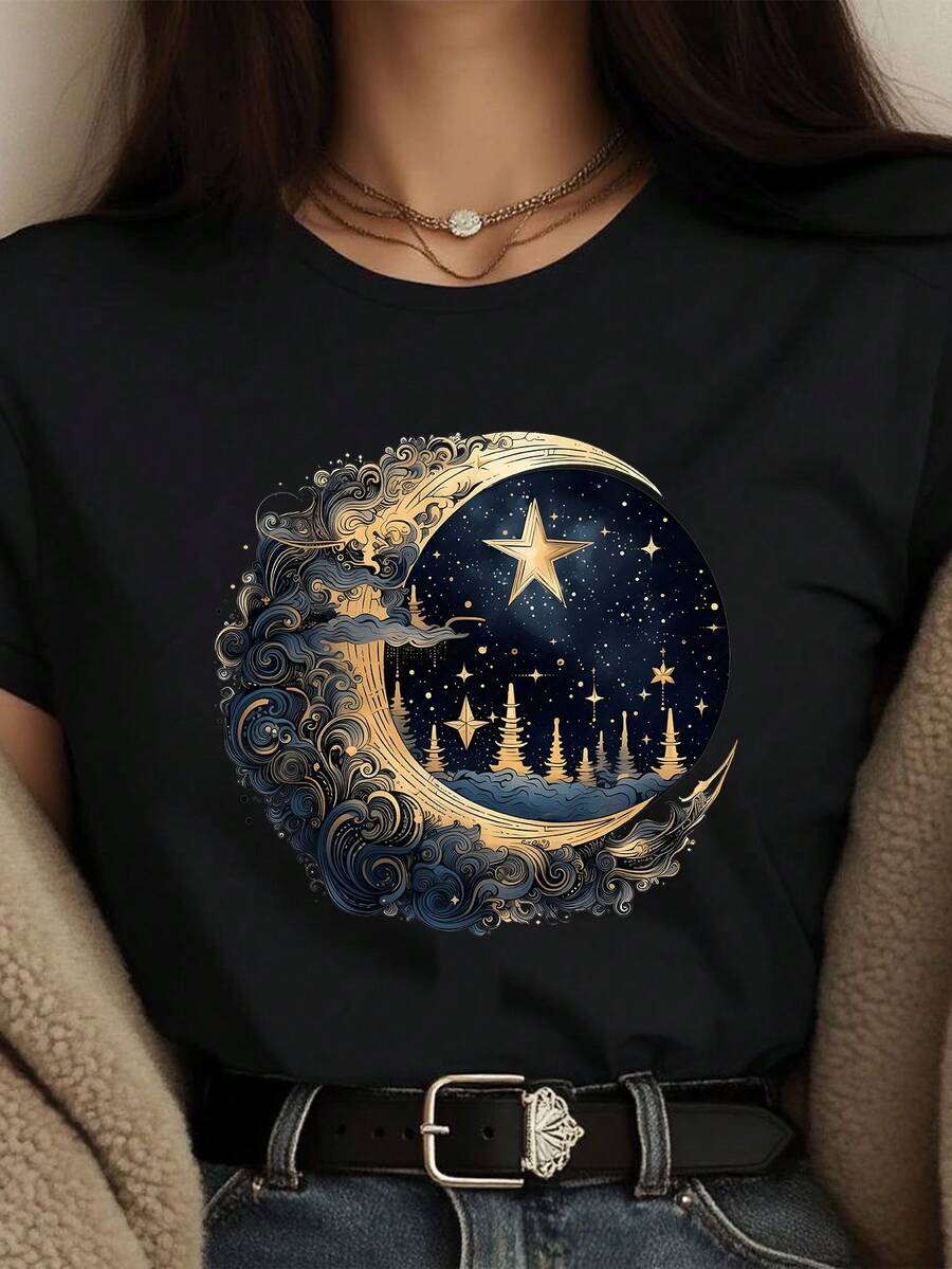 Ladies' T-Shirt, Summer Women's Fun Moon Printed T-Shirt, Available In Black/White, Casual Round Neck T-Shirt, Suitable For Summer Vacation Top.