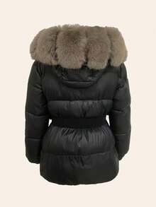 女士优雅冬季外套，带毛领，连帽绗缝外套，系带黑色 - 黑色 - 查看 3