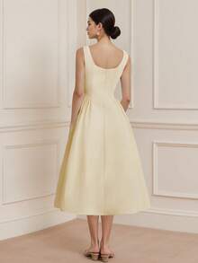 Amyenjoylife 女士时尚纯色短款圆领连衣裙 - 黃色 - 查看 2