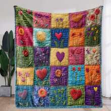 1 件复古心形和花卉图案法兰绒盖毯，柔软舒适，适合所有季节，适用于沙发、床、办公室、露营、旅行、礼物 - 彩色 - 查看 4