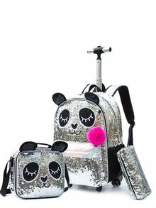 3 件可爱纸盒滚轮背包，适合女孩，适合小学，背包带午餐袋和笔袋，是送给女孩的最佳开学礼物