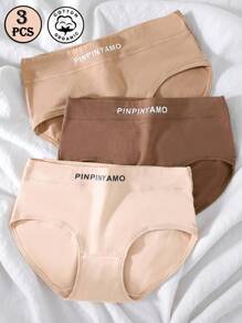 Set de 3 bragas para mujer, ropa interior cómoda y transpirable con estampado de letras y de unicolor, control de abdomen y levantamiento de glúteos