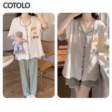 COTOLO Conjunto de Pijamas de Mujer 3 Piezas para Primavera Verano y Otoño con Estilo Dulce de Dibujos Animados Blusa de Manga Corta con Short y Pantalón Largo,pijamas de mujer,pijama,pans de mujer,pijamas - Patito verde - Ver 2