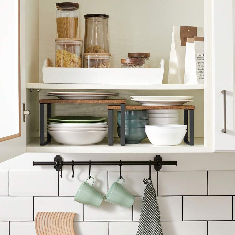 Scaffale Portaspezie, Set di 2 Organizzatori da Cucina Espandibili, Scaffale da Cucina Impilabile, Metallo e Legno Ingegnerizzato, Nero Inchiostro e Marrone Vintage - Castano - Visualizzare 1