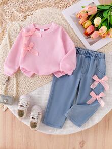2 pièces/set Mode bébé fille rose mignon Débardeur à décoration de nœud papillon 3D à manches longues et pantalon en jean avec nœud papillon élastique à la taille, ensemble - Rose bonbon - Voir 1