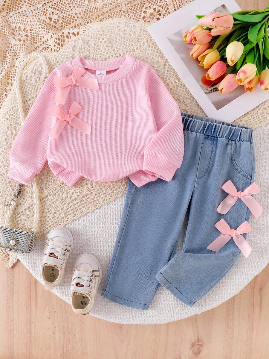 2 pièces/set Mode bébé fille rose mignon Débardeur à décoration de nœud papillon 3D à manches longues et pantalon en jean avec nœud papillon élastique à la taille, ensemble - Rose bonbon - Voir 1