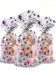 50pcs Halloween Opp Flat Pocket Small Food Packaging Bag Transparent Black Spider Bag Candy Biscuit Packaging Bag.