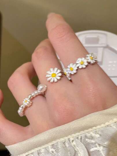 3pcs Fashionable Daisy Decor Open Rings Suitable For Women's Daily Wear