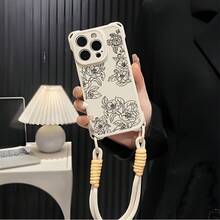 Caja del teléfono Caja del teléfono de la línea de 1PC Cordón portátil con orificios de cuatro esquinas, compatible con 16 15 14 13 12 Pro Plus, protector, antiincrustante, de moda, anticaída - Blanco - Ver 3
