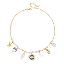 Colar feminino boêmio de aço inoxidável com pingente de concha de concha de oceano, estrela do mar, coração, olhos de diabo, joias, corrente de elos, moda praia, férias, presentes