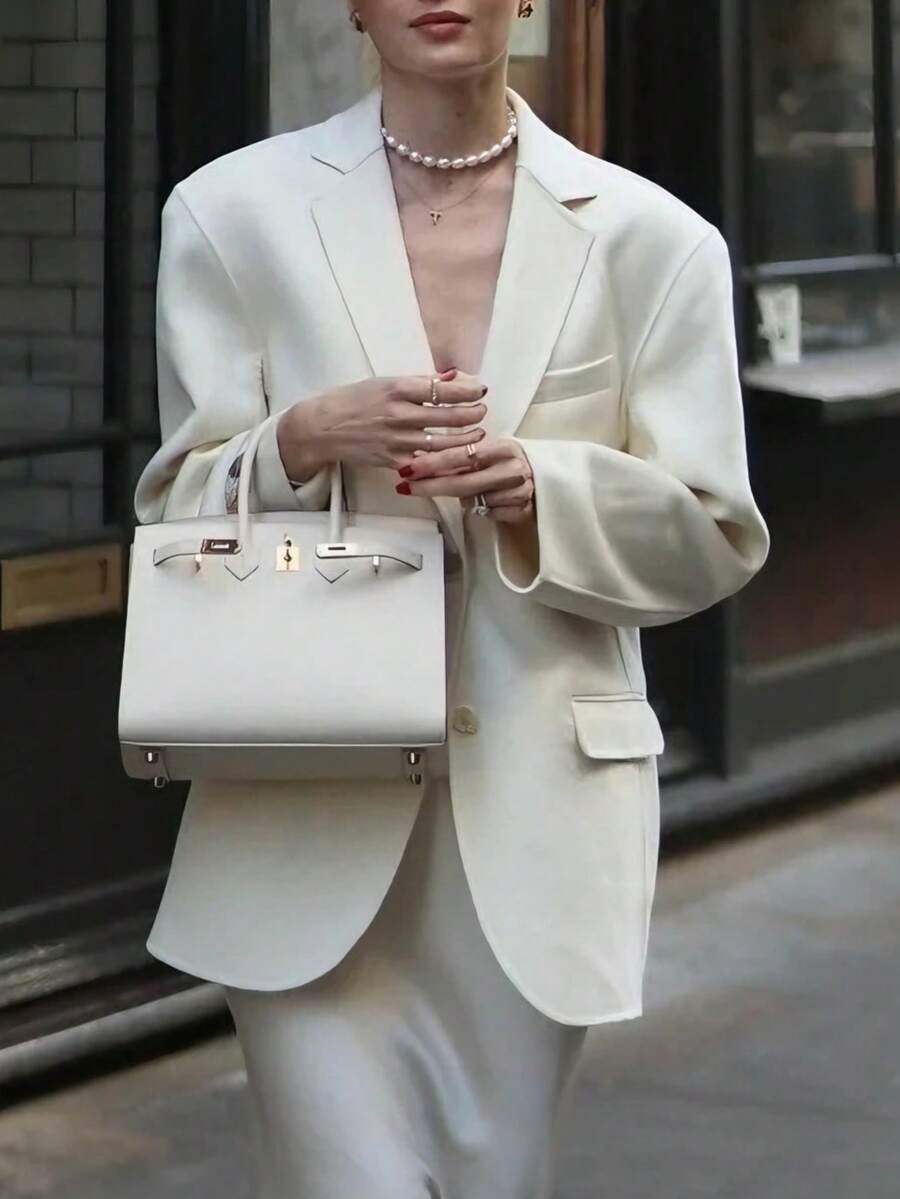 女士休闲缺口领宽肩单排扣长袖宽松白色羊毛西装外套 - 白色 - 查看 1