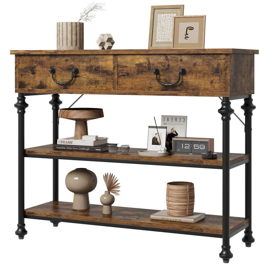 Techigher Wooden Entryway Table With 2 Drawers Narrow Console Table With Storage Shelves Hallway Table Sofa Table For Living Room Couch Foyer Kitchen Counter - Brown - View 1