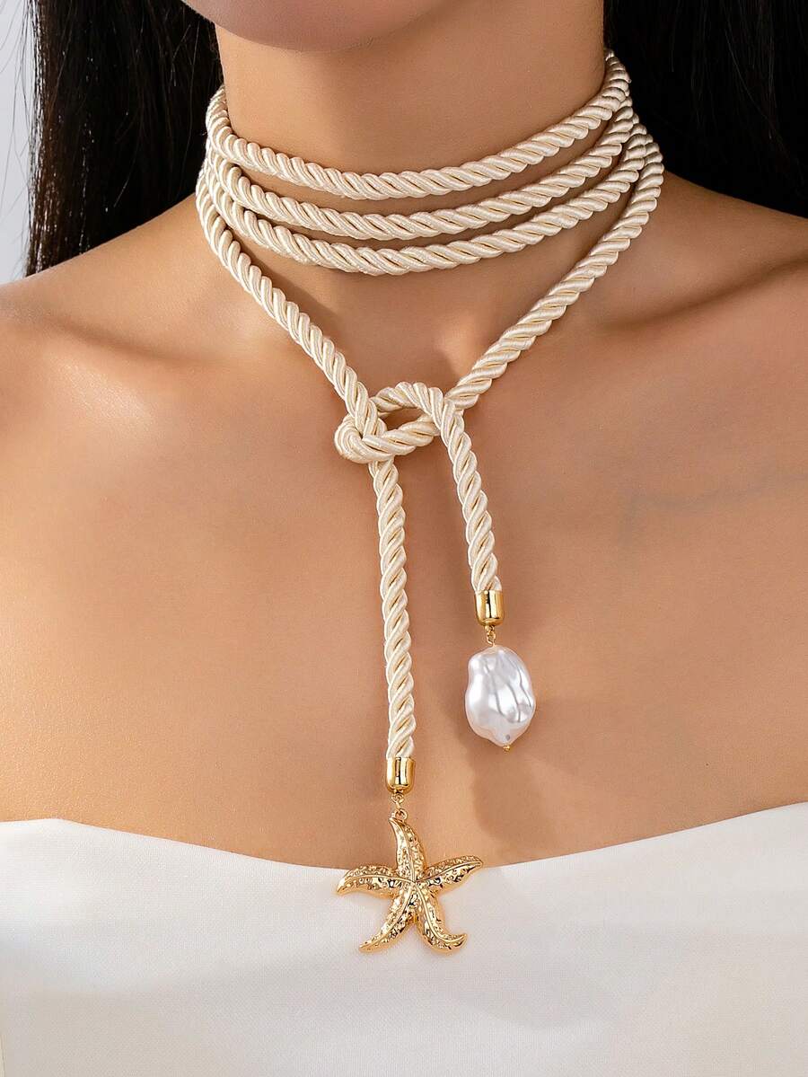 1 件海洋风水手绳项链海星吊坠，夏季度假氛围绳项链首饰