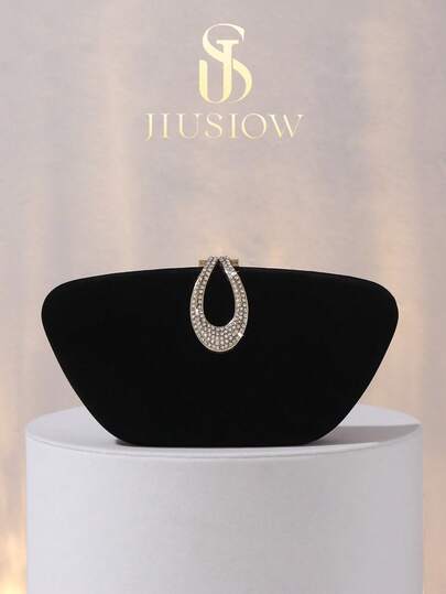 JIUSIOW 优雅黑色天鹅绒盒状晚宴包，饰有闪亮水钻五金件，适合浪漫婚礼、正式场合、盛装打扮、派对、庆典、女士礼物，可拆卸金属链，可容纳口红、化妆品、硬币、钥匙、耳机等