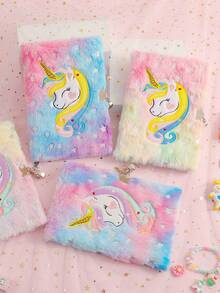 1 Stück Kinder-Einhorn Notizbuch mit Schloss - Flauschiges Tagebuch mit Sternenprint und Plüscheinband, ideales Geschenk zu Geburtstagen und Feiertagen (Mädchen Geheimtagebuch) - Verschiedenfarbig - Übersicht 3