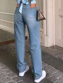 Women's Casual Simple Washed Straight Leg Jeans, Slimming, Spring/Autumn - Medium Wash - View 4