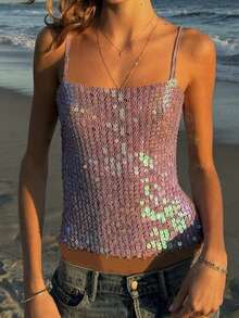 Women's Sleeveless Glitter Sequin Tank Tops Shimmer Vest Tops Glitter Camisole For Women - 紫色 - 查看 2