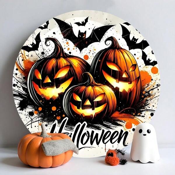 1 pieza Decoración de corona de Halloween plana 2D de 8 x 8 pulgadas con diseño espeluznante naranja y negro con calabazas, murciélagos y texto "¡Abuchea a todos!" - Arte de pared clásico para el hogar, bar, cafetería, club - Decoración de otoño y feriado, arte de pared para exteriores | Decoración con tema espeluznante | Arte de pared de metal, decoración de Halloween, estilo de agujero aleatorio
